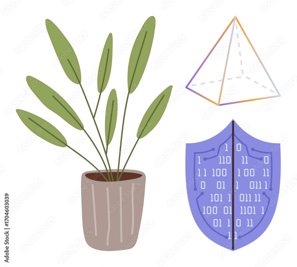 Poster potted plant with green leaves, digital shield displaying binary code, and transparent geometric pyr