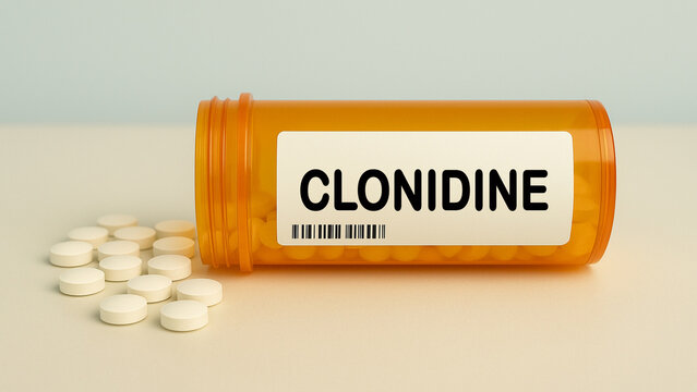Box of CLONIDINE tablets on a hospital pharmacy table used to treat high blood pressure a centrally acting alpha agonist.