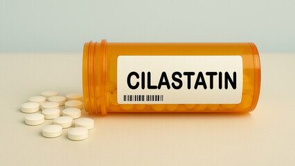 Box of CILASTATIN tablets on a hospital pharmacy table used to protect imipenem from degradation a...