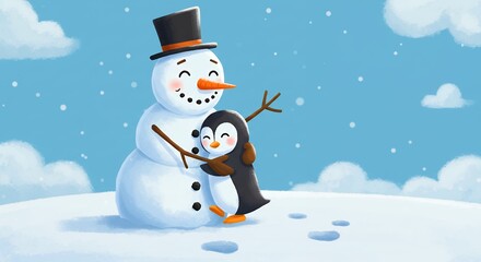 Happy snowman and penguin friends