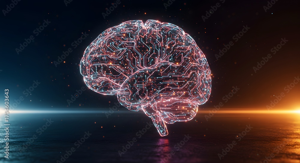 Poster futuristic visualization of a human brain as a glowing neural network for science and technology con