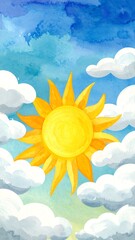 Vibrant sun shining through fluffy clouds in sky