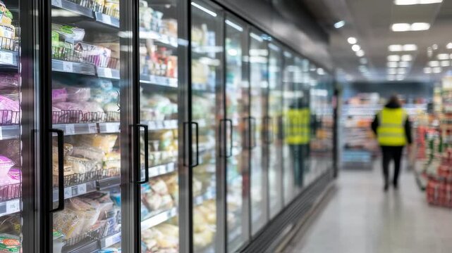Medium shot of worker connecting refrigeration pipes for a large walkin cooler with outoffocus supermarket shelves creating depth behind him.