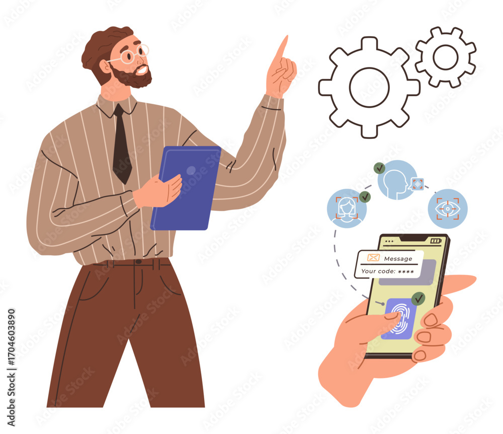 Poster man holding tablet points at gears while a smartphone showcases two-factor authentication. ideal for