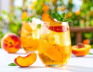 Refreshing Peach Cocktail With Mint and Ice