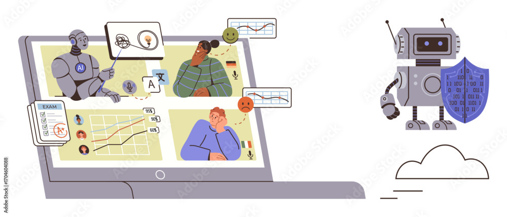 Poster laptop with ai analyzing data and user feedback, robotic assistant holding a shield. ideal for techn