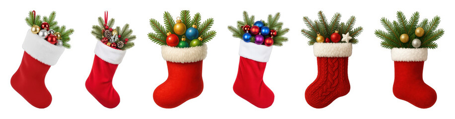 Christmas stockings set including red fabric, knitted, and faux fur cuff designs filled with ornaments, pinecones, and fir branches isolated. Festive holiday collection.