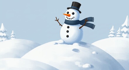 Obraz premium Smiling snowman on snowy hill