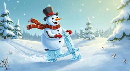 Fototapeta premium Smiling snowman on a sled
