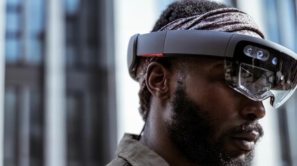 A man experiences a futuristic AR helmet fitting with a generic design highlighting ease and precision in a softly focused urban setting.