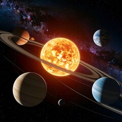 Vibrant Solar System with Planets Orbiting Star