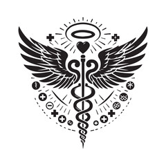 Black Caduceus Symbol with Halo, Heart, and Diverse Medical Icons on White Background medical symbol
