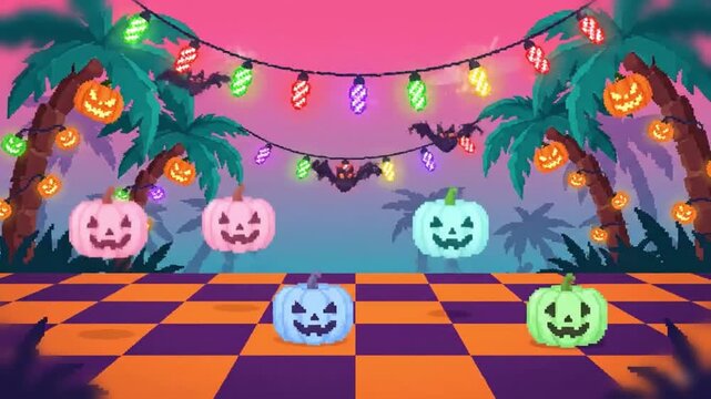 Retro pixel party floor with cheerful pumpkin icons bobbing to music, tiny bats winging in sync and candy lights strobing for an upbeat festival feel