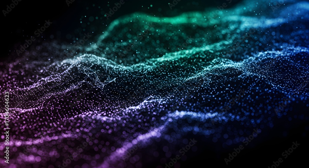 Poster futuristic digital terrain of flowing luminous particles forming a vibrant abstract wave on a dark b
