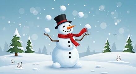 Snowman juggling snowballs winter scene