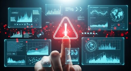Finger pointing at a digital warning sign surrounded by data charts