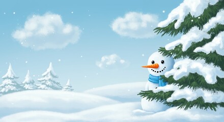 Snowy winter landscape with snowman