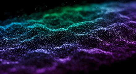 Dynamic particle mesh forming a vibrant, undulating digital terrain with glowing neon colors on a dark background
