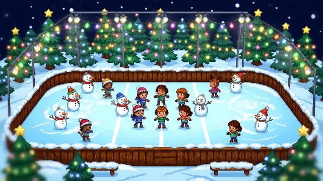 Energetic pixel winter scene of a lit skating arena where kids and holiday characters twirl in time beneath neon decorated trees and bright lights