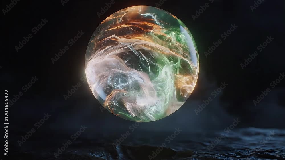 Poster Abstract sphere with swirling, luminous patterns in a dark, smoky environment.