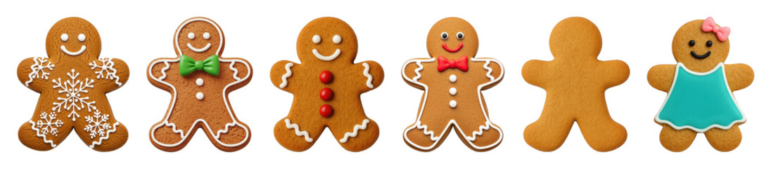 Gingerbread cookie set including snowflake, bow tie, buttons, plain, and girl designs isolated. Festive winter holiday baking collection.