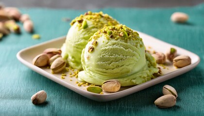 Creamy Pistachio Gelato Dessert With Crushed Nuts And Drizzle