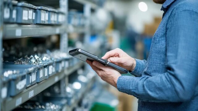Close medium shot of a manager checking digital inventory on a tablet amid rows of parts bins softly blurred in the background.