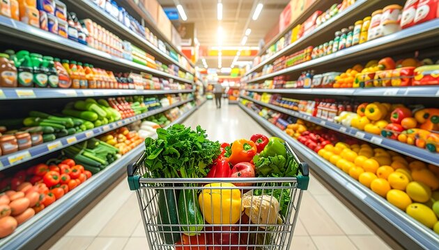 Shopping cart filled with fresh produce in a bright supermarket aisle.
