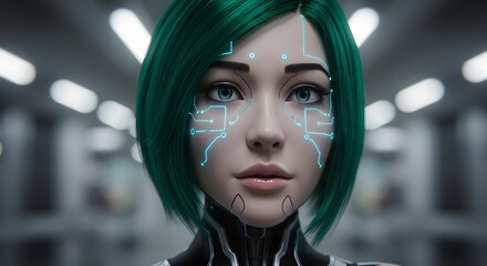 Stunning portrait of a futuristic female android with vibrant green hair and glowing blue cybernetic circuits on her face