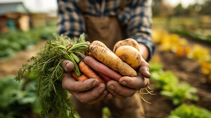 Freshly harvested carrots and potatoes from organic farm agriculture