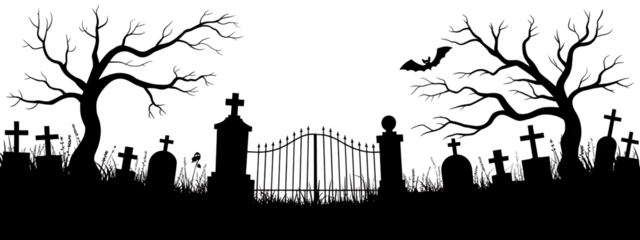 White Line Drawing of a Spooky Cemetery Entrance with Gravestones and Bare Trees Cutout PNG isolated on a transparent background