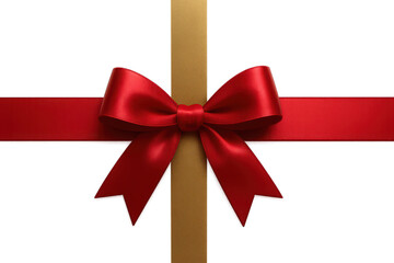 Elegant red satin ribbon bow isolated on transparent background, gold accent