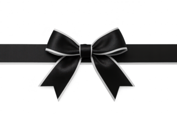 Elegant black ribbon bow with white trim isolated on transparent background