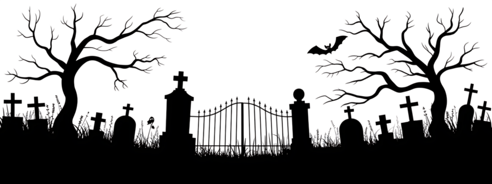White Line Drawing of a Spooky Cemetery Entrance with Gravestones and Bare Trees Cutout PNG isolated on a transparent background