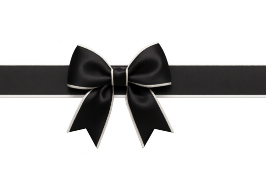 Elegant black ribbon bow with silver lining isolated on transparent background