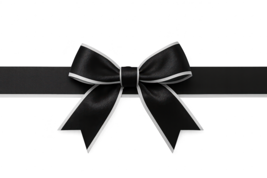 Elegant black ribbon bow with white trim isolated on transparent background - Powered by Adobe