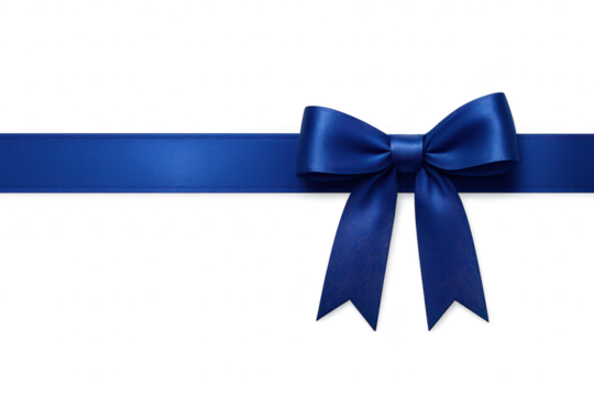 Elegant blue ribbon with bow isolated on a transparent background, gift decoration