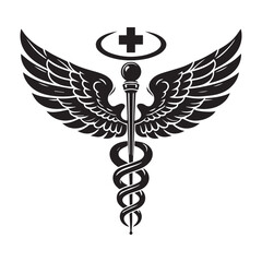 Simple Black Silhouette of the Caduceus Medical Symbol with Wings and Oval Cross Emblem healthcare