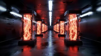 Dark futuristic science fiction corridor with glowing orange energy sources in containment pods lining the walls - Powered by Adobe