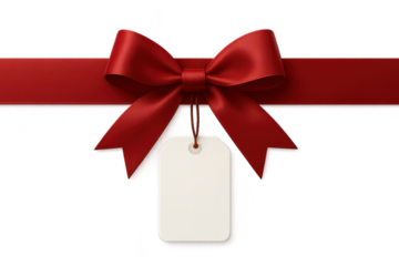 Elegant red ribbon bow with blank tag isolated on transparent background.