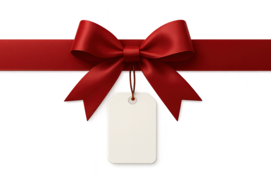 Elegant red ribbon bow with blank tag isolated on transparent background.