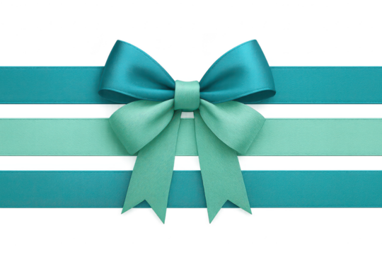 Turquoise gift ribbon and bow isolated on transparent background, cutout style