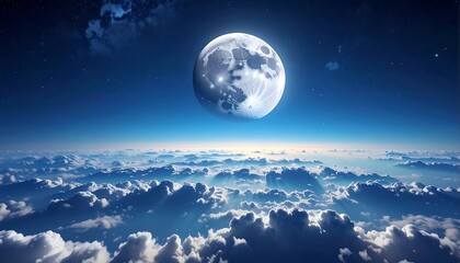 Vast Celestial Panorama Above a Sea of Clouds Under a Full Moon.