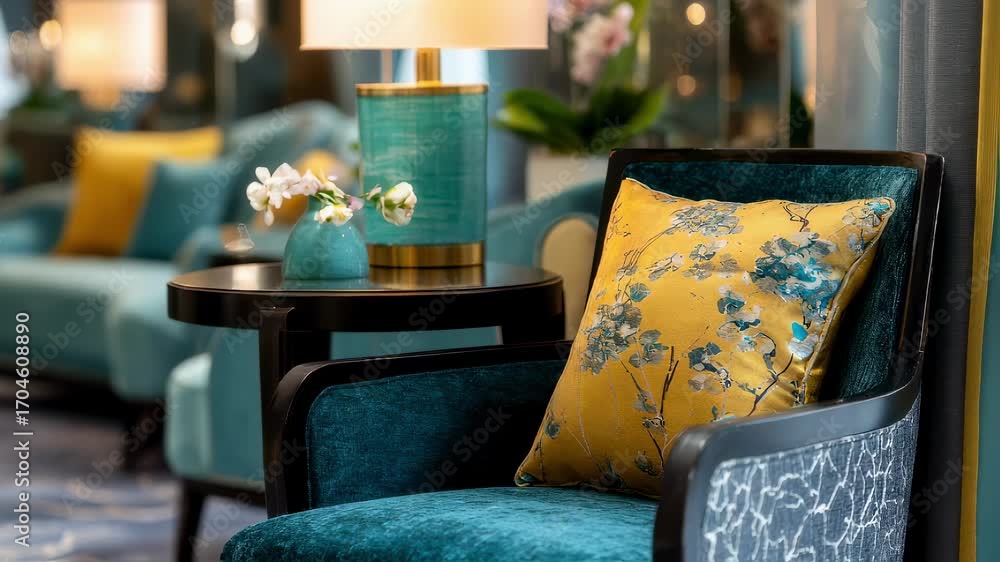 Poster quiet corner with a stylish armchair and small side table sharp in focus against a softly blurred ba