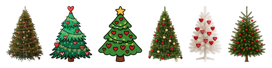 Naklejka premium Christmas tree set including realistic and illustrated, green and white varieties, adorned with heart ornaments and lights isolated. Festive holiday decorations.