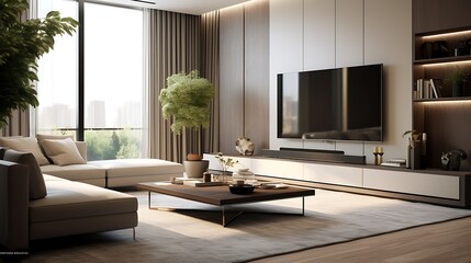Sophisticated and contemporary living room design with minimalist aesthetics and neutral color