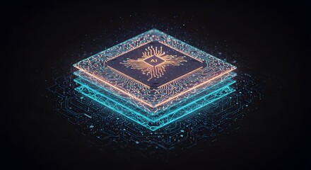 Futuristic digital processor with luminous circuitry and data flow, embodying advanced technology, artificial intelligence, and the core of modern computing systems