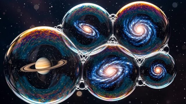 Conceptual illustration of the multiverse theory showing multiple bubble universes, each containing a galaxy or planet, floating in cosmic space