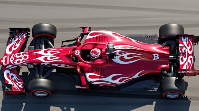 A highspeed red race car with flame decals, showcasing a dynamic design and aerodynamic features for competitive motorsport racing
