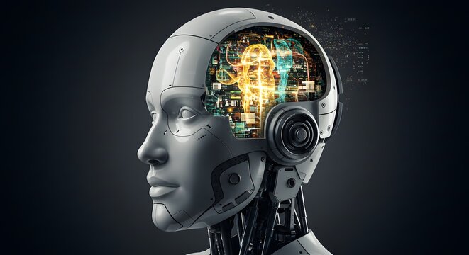 Advanced artificial intelligence concept showcasing a detailed robotic head with glowing internal circuitry, symbolizing machine learning, technological innovation, and the future of computation